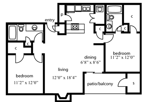 Floor plan for 2 beds, 2 baths, 1018 sqft